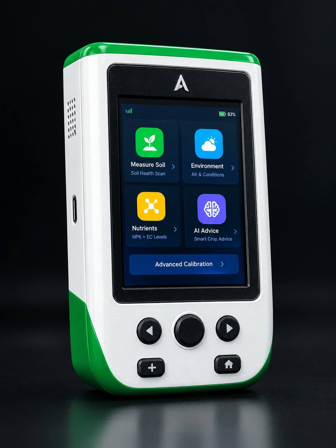 Agro-One handheld in white and green with its touchscreen home menu